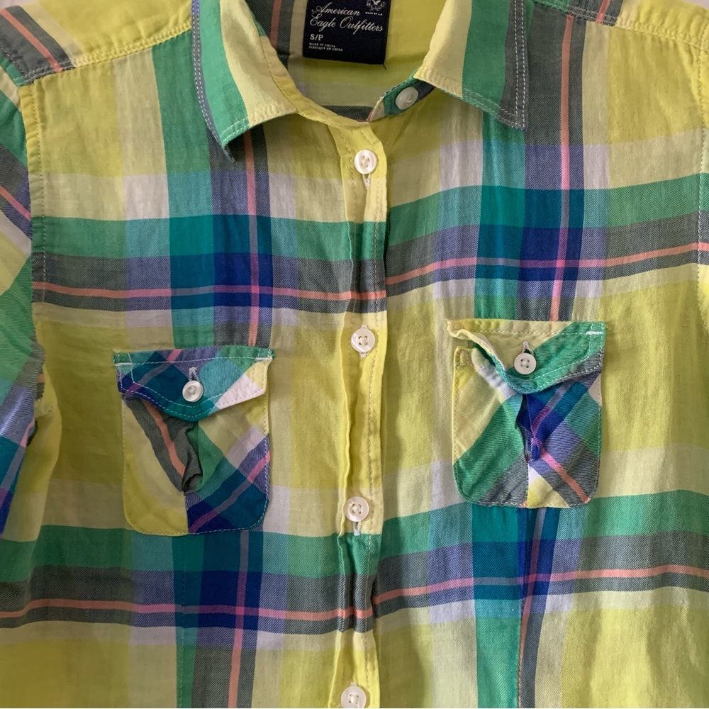 American Eagle Bright Plaid Button Doen - image 3